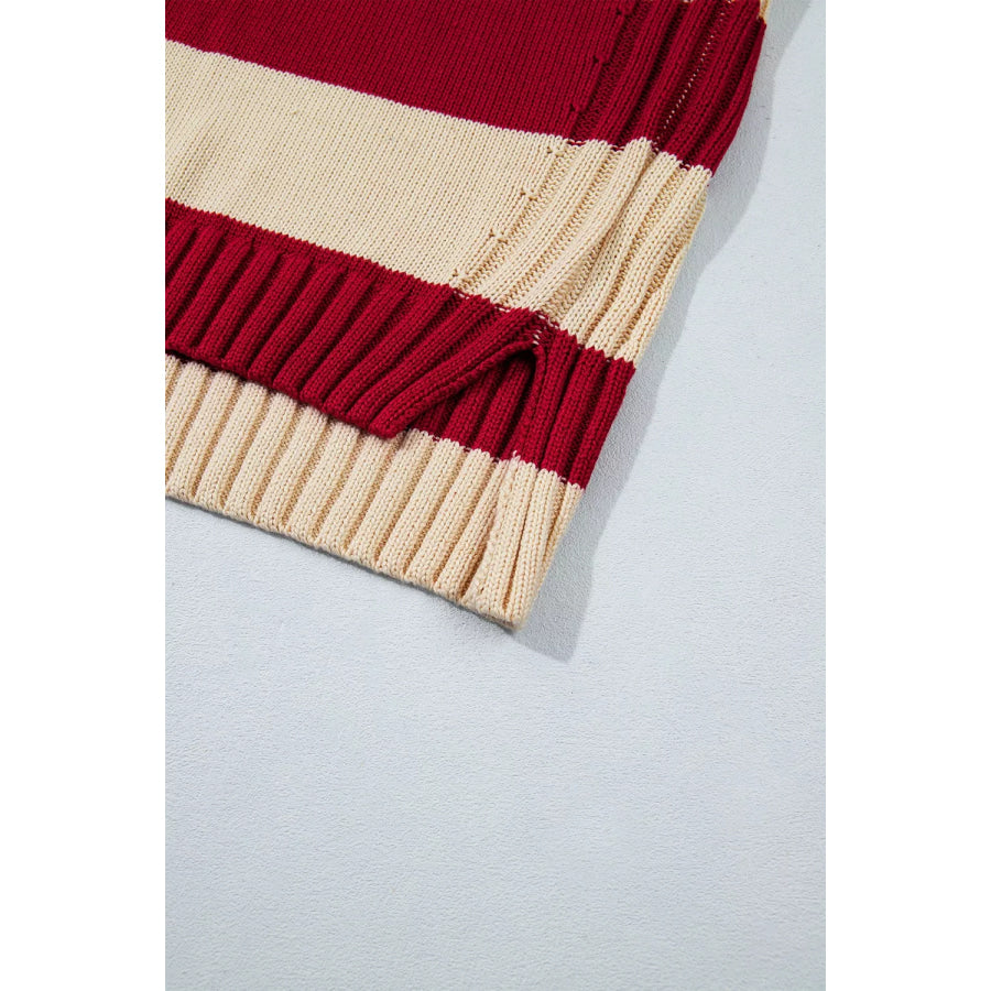 Stripe Ribbed Trim High Neck Relaxed Pullover Sweater Apparel and Accessories