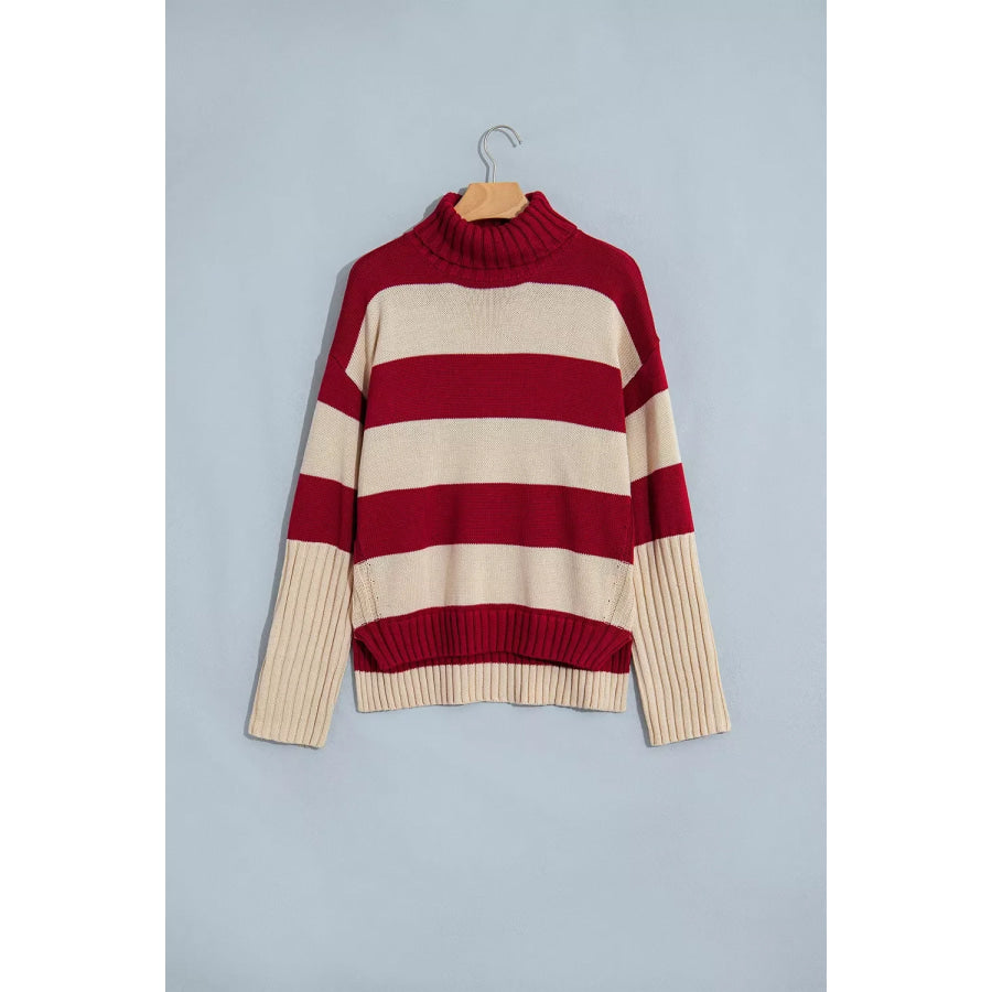 Stripe Ribbed Trim High Neck Relaxed Pullover Sweater Apparel and Accessories