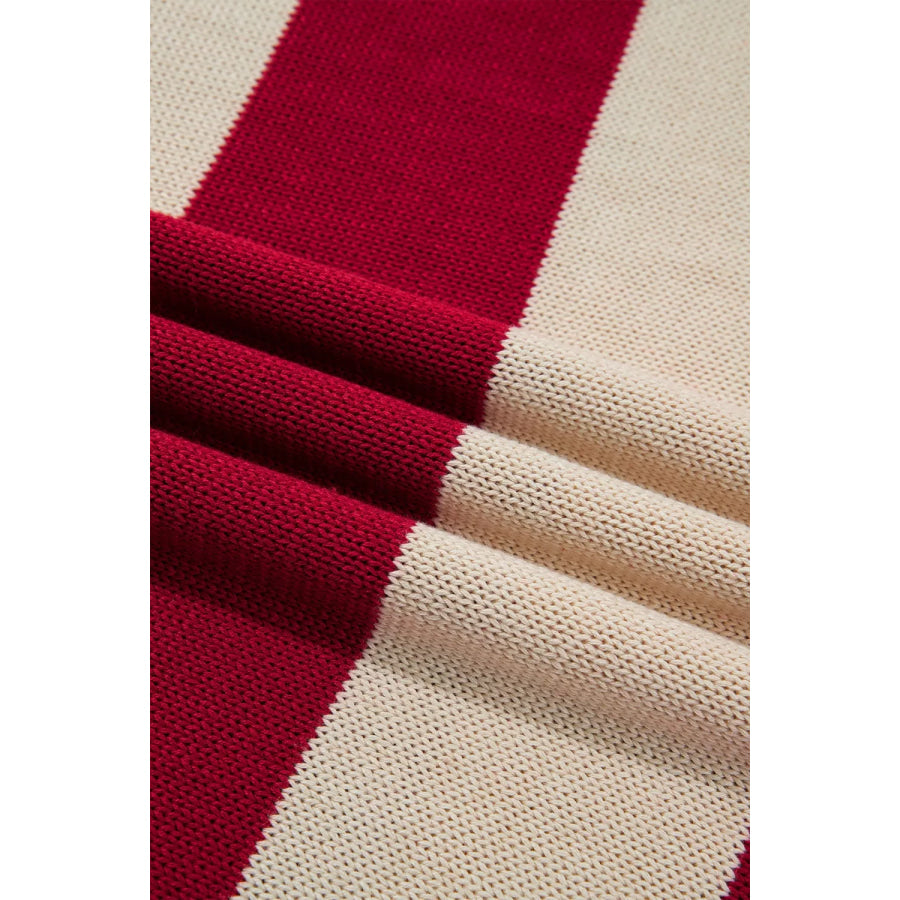 Stripe Ribbed Trim High Neck Relaxed Pullover Sweater Apparel and Accessories