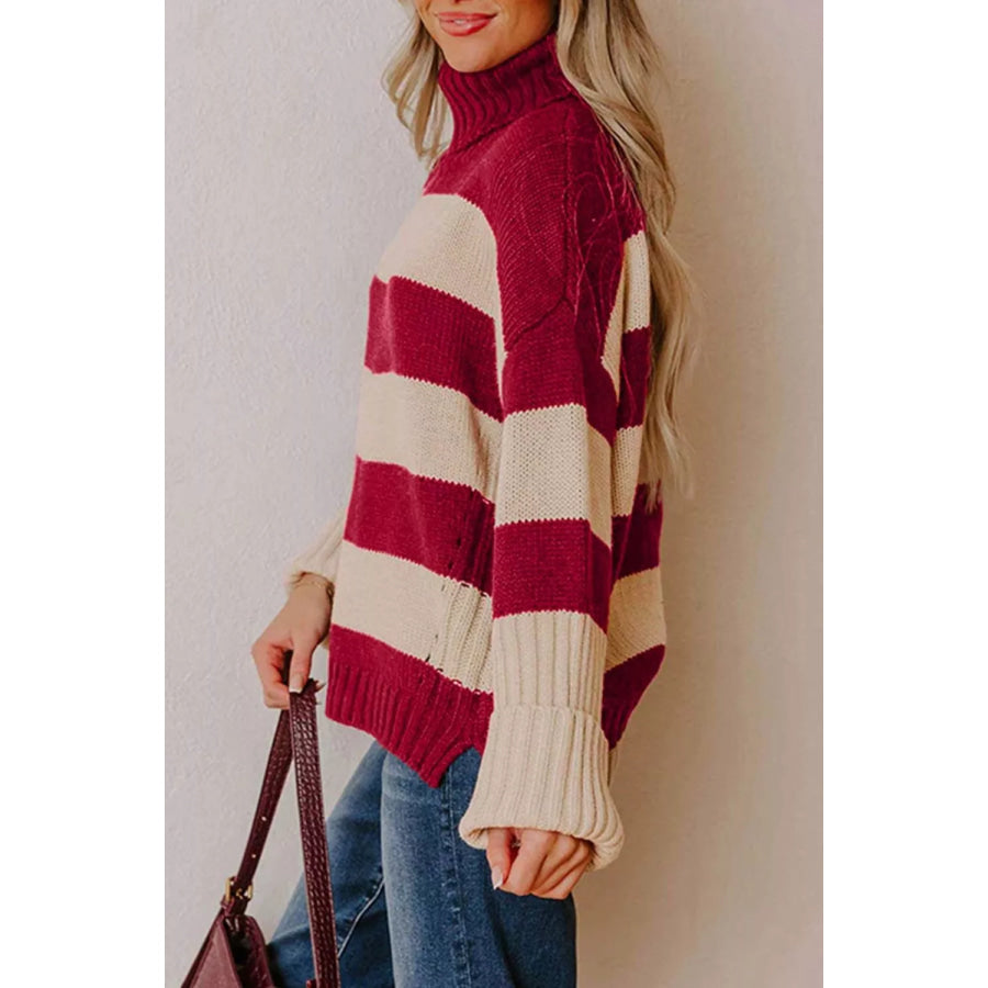 Stripe Ribbed Trim High Neck Relaxed Pullover Sweater Apparel and Accessories