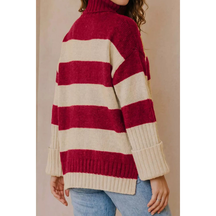 Stripe Ribbed Trim High Neck Relaxed Pullover Sweater Apparel and Accessories