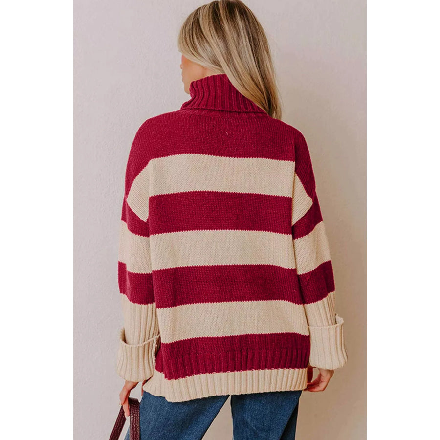 Stripe Ribbed Trim High Neck Relaxed Pullover Sweater Burgundy / S Apparel and Accessories