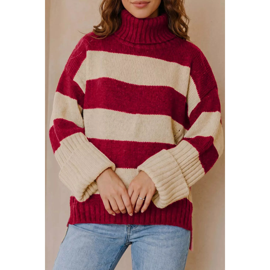 Stripe Ribbed Trim High Neck Relaxed Pullover Sweater Apparel and Accessories