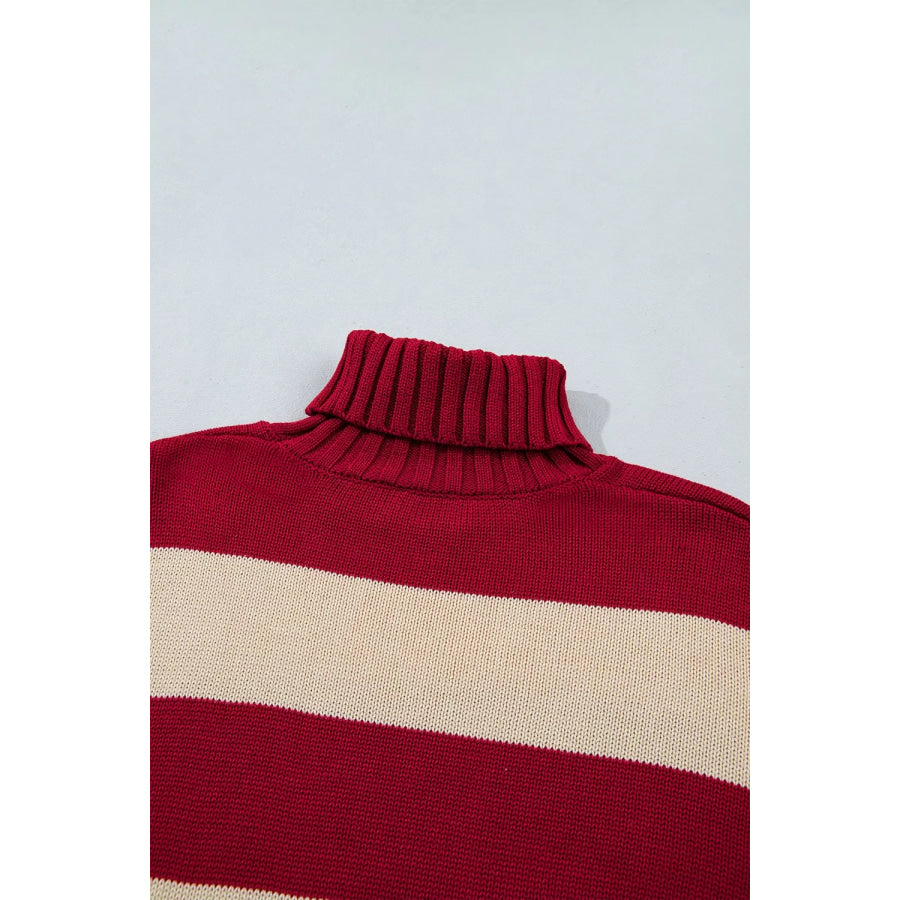Stripe Ribbed Trim High Neck Relaxed Pullover Sweater Apparel and Accessories