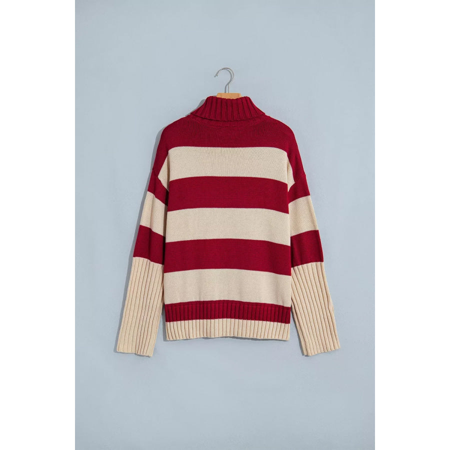 Stripe Ribbed Trim High Neck Relaxed Pullover Sweater Apparel and Accessories