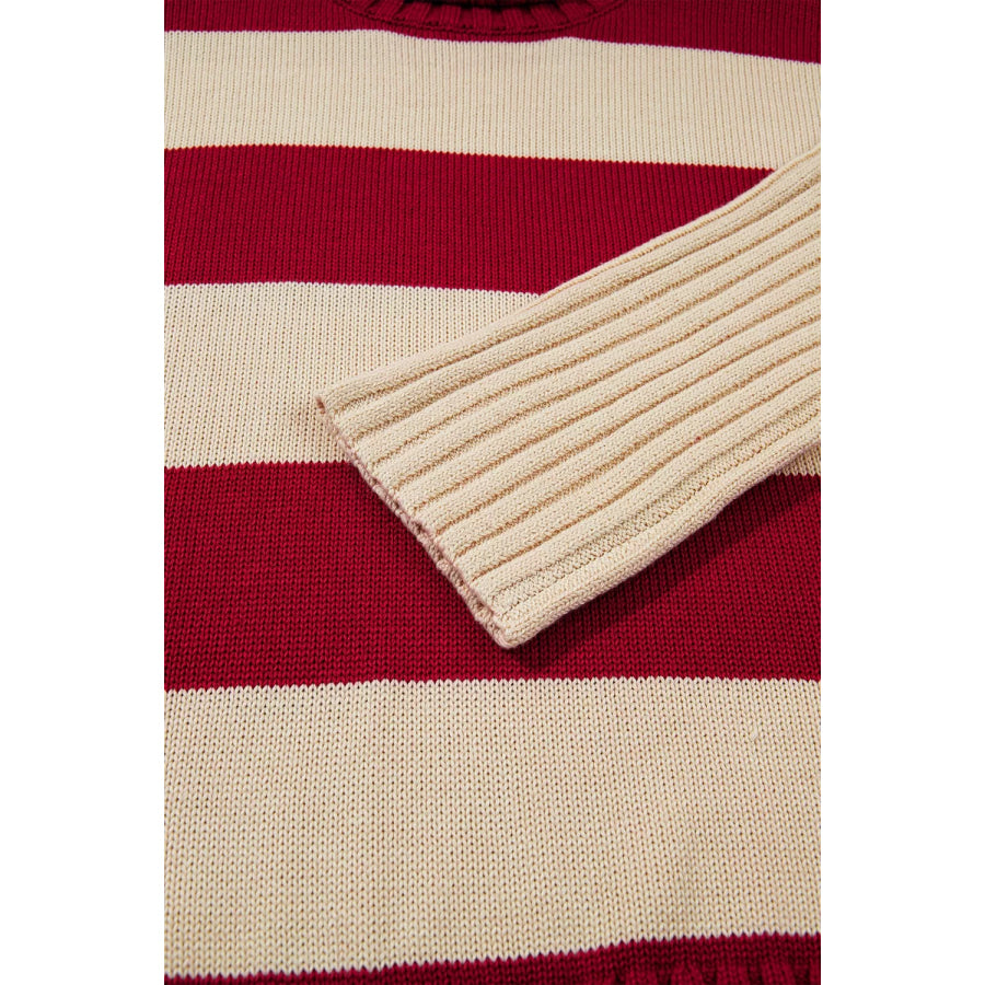 Stripe Ribbed Trim High Neck Relaxed Pullover Sweater Apparel and Accessories