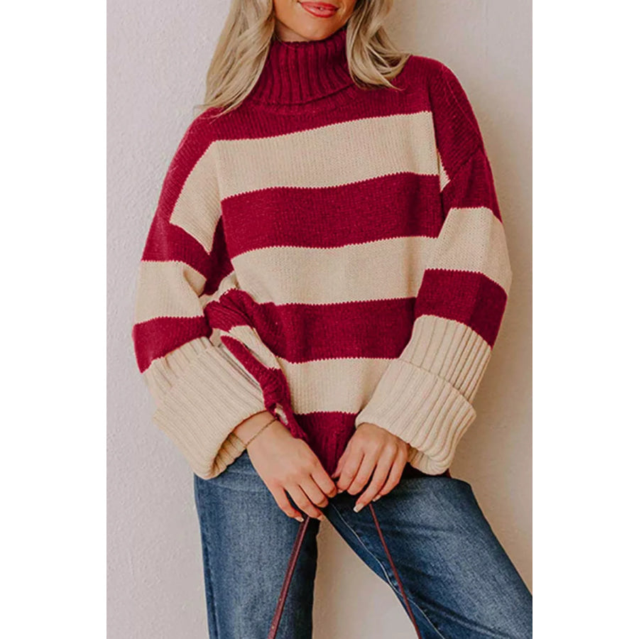 Stripe Ribbed Trim High Neck Relaxed Pullover Sweater Burgundy / S Apparel and Accessories