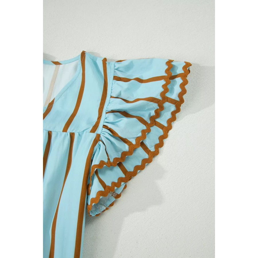 Stripe Ricrac Trim Double Ruffled Short Sleeve V Neck Blouse Apparel and Accessories
