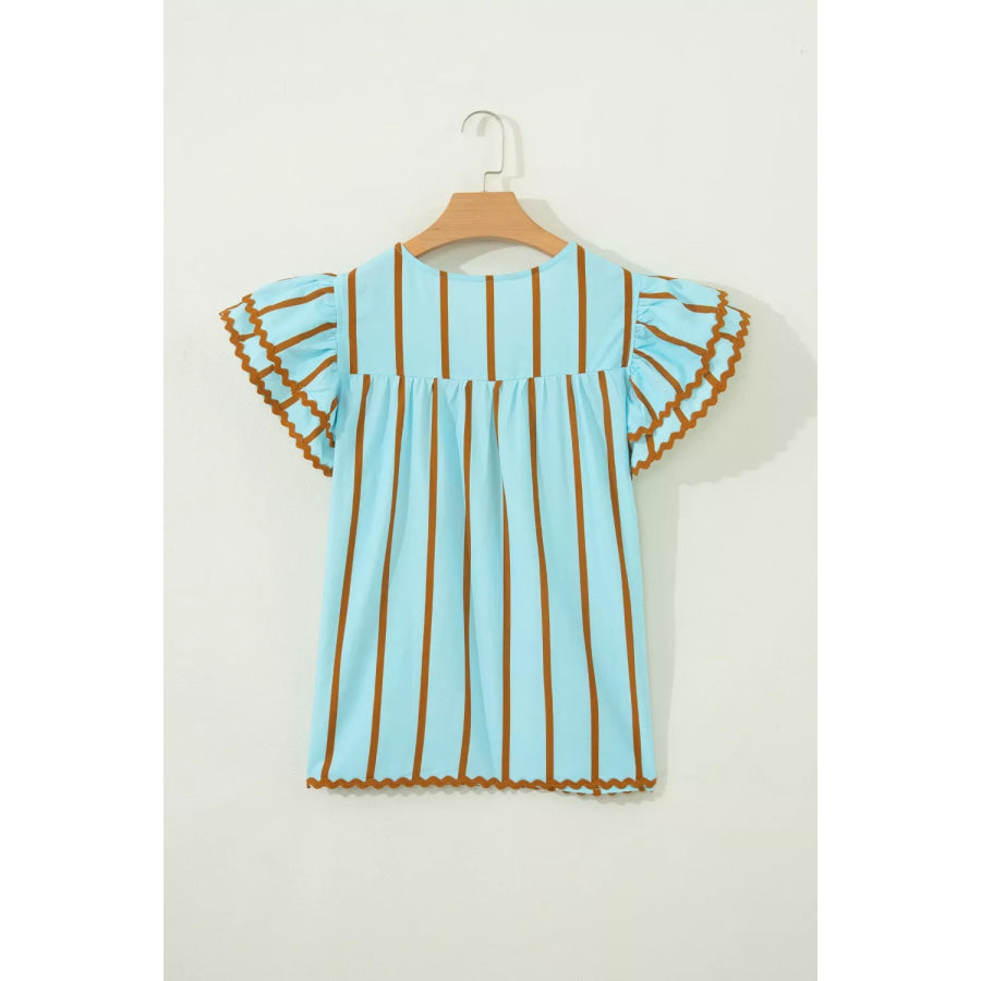 Stripe Ricrac Trim Double Ruffled Short Sleeve V Neck Blouse Apparel and Accessories