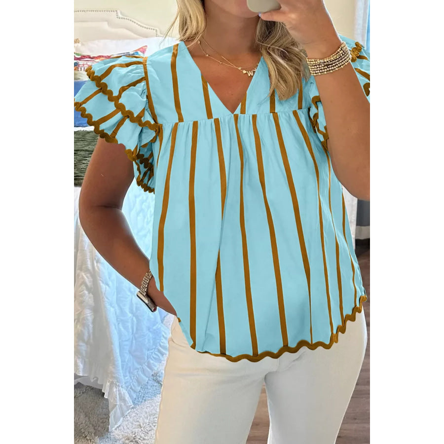 Stripe Ricrac Trim Double Ruffled Short Sleeve V Neck Blouse Apparel and Accessories