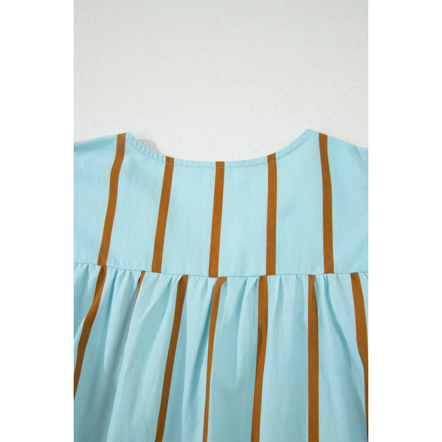 Stripe Ricrac Trim Double Ruffled Short Sleeve V Neck Blouse Apparel and Accessories