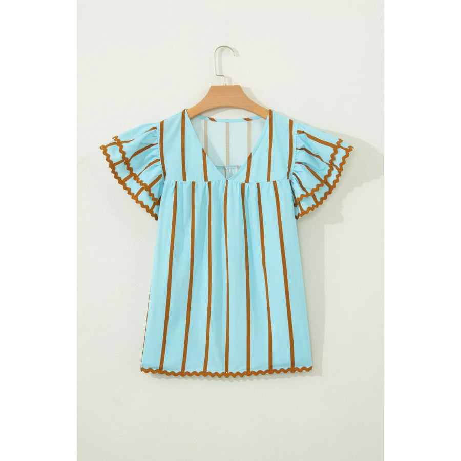 Stripe Ricrac Trim Double Ruffled Short Sleeve V Neck Blouse Apparel and Accessories