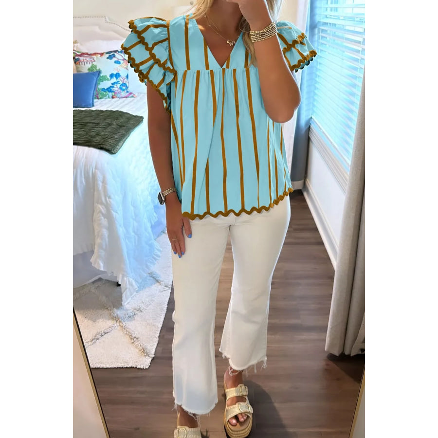 Stripe Ricrac Trim Double Ruffled Short Sleeve V Neck Blouse Apparel and Accessories