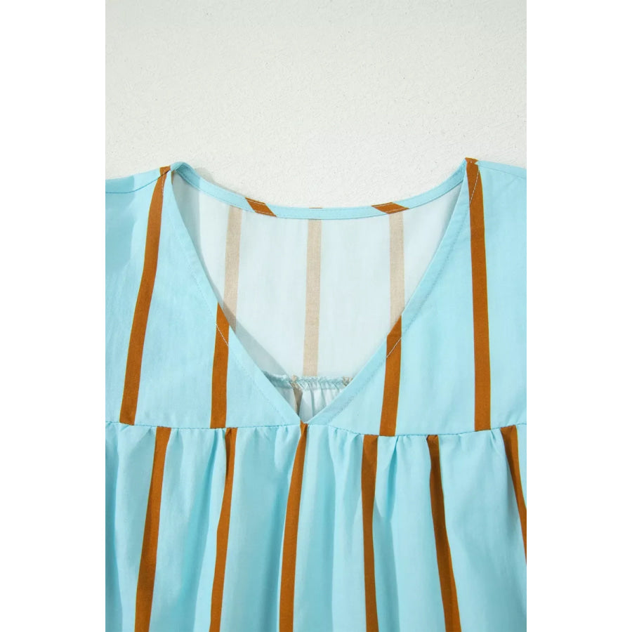Stripe Ricrac Trim Double Ruffled Short Sleeve V Neck Blouse Apparel and Accessories