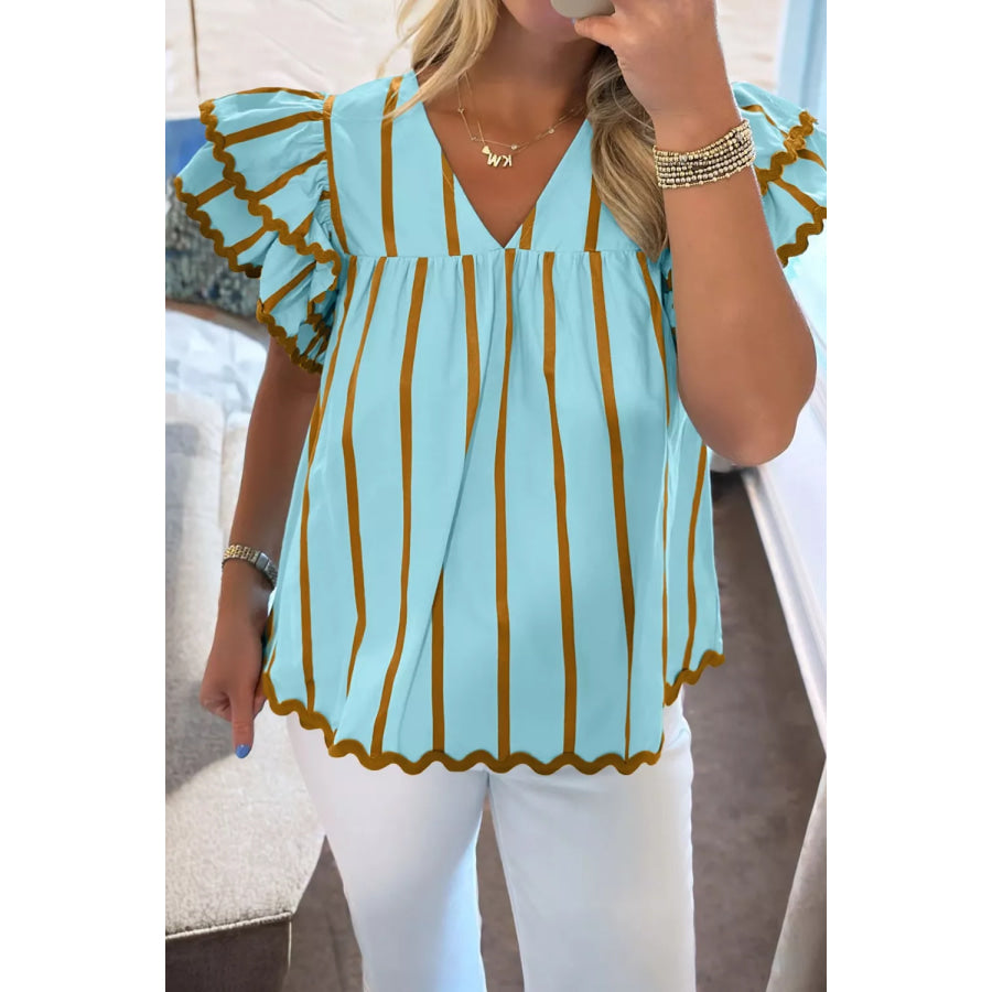 Stripe Ricrac Trim Double Ruffled Short Sleeve V Neck Blouse Pastel Blue / S Apparel and Accessories