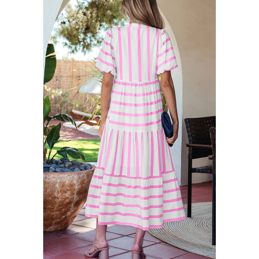 Stripe Ricrac Trim Notched Neck Half Sleeve Dress Apparel and Accessories