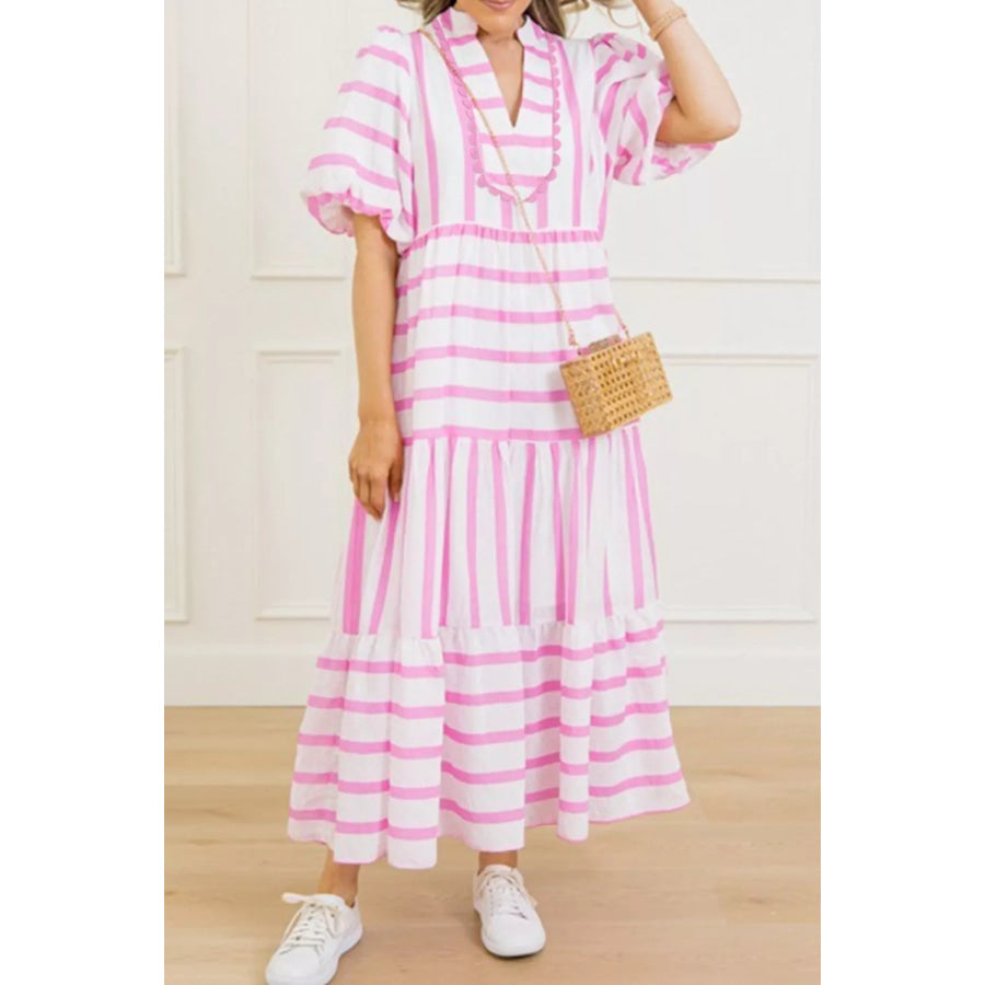 Stripe Ricrac Trim Notched Neck Half Sleeve Dress Apparel and Accessories
