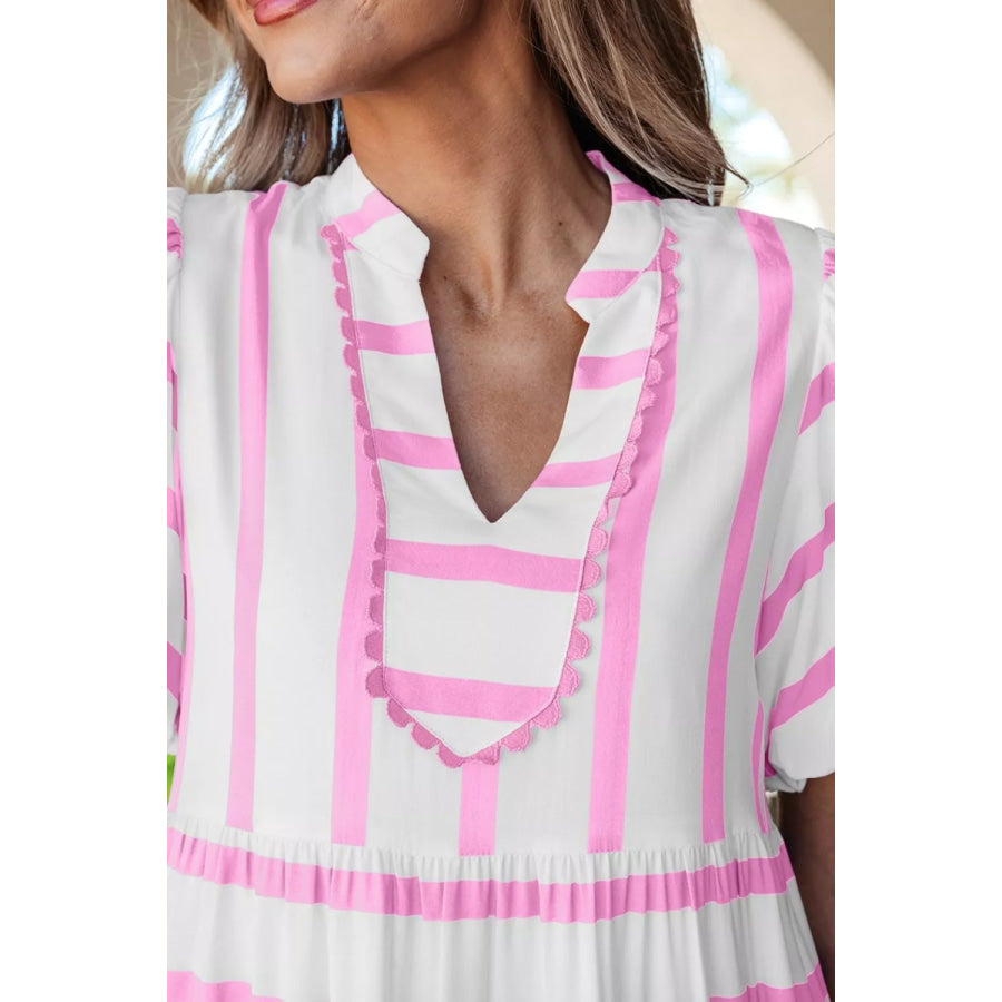 Stripe Ricrac Trim Notched Neck Half Sleeve Dress Apparel and Accessories