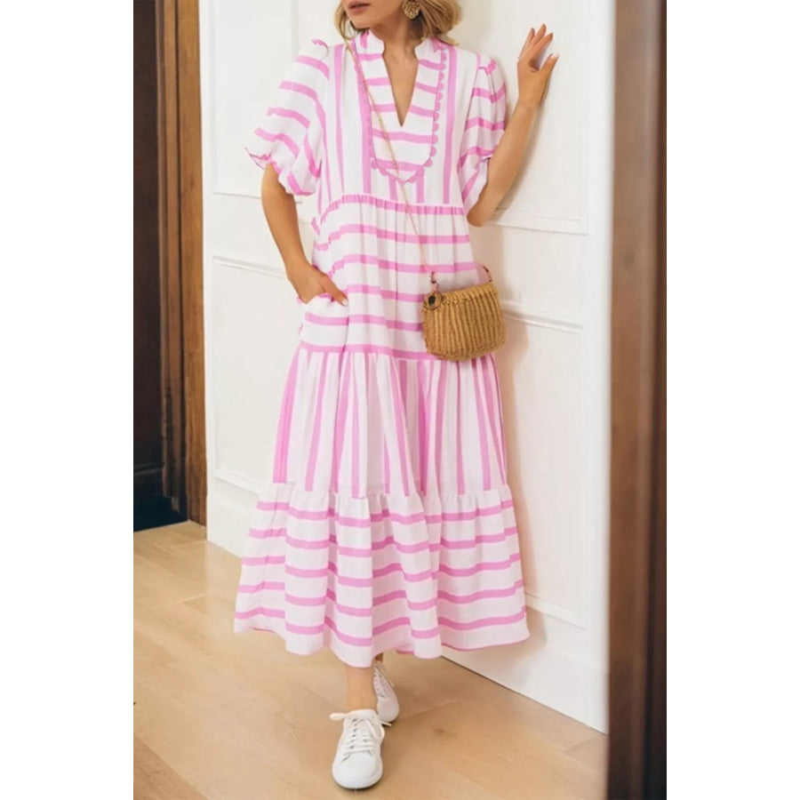 Stripe Ricrac Trim Notched Neck Half Sleeve Dress Blush Pink / S Apparel and Accessories