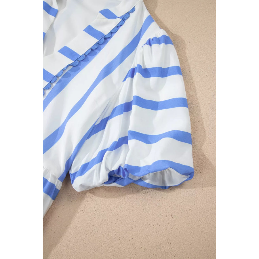 Stripe Ricrac Trim Notched Neck Half Sleeve Vacation Dress Apparel and Accessories