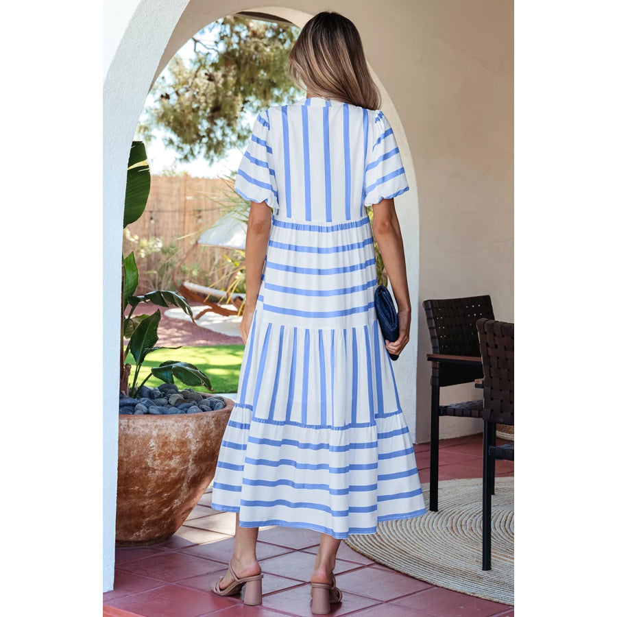 Stripe Ricrac Trim Notched Neck Half Sleeve Vacation Dress Apparel and Accessories