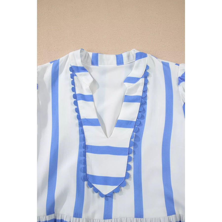 Stripe Ricrac Trim Notched Neck Half Sleeve Vacation Dress Apparel and Accessories