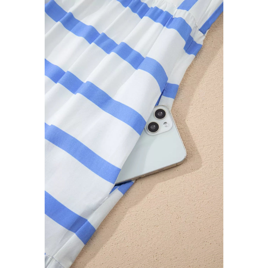 Stripe Ricrac Trim Notched Neck Half Sleeve Vacation Dress Apparel and Accessories