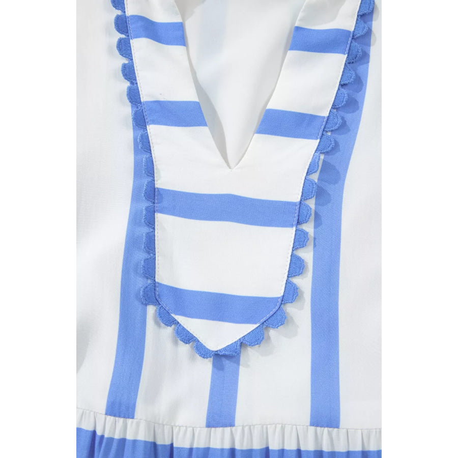 Stripe Ricrac Trim Notched Neck Half Sleeve Vacation Dress Apparel and Accessories