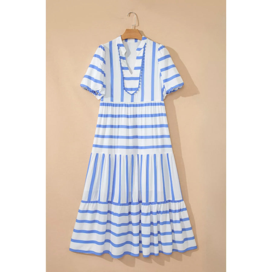 Stripe Ricrac Trim Notched Neck Half Sleeve Vacation Dress Apparel and Accessories