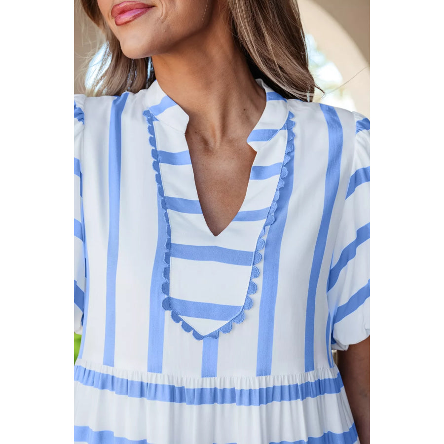 Stripe Ricrac Trim Notched Neck Half Sleeve Vacation Dress Apparel and Accessories