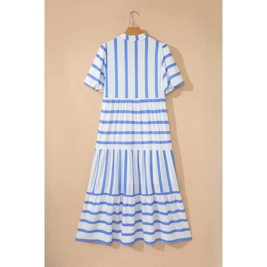 Stripe Ricrac Trim Notched Neck Half Sleeve Vacation Dress Apparel and Accessories