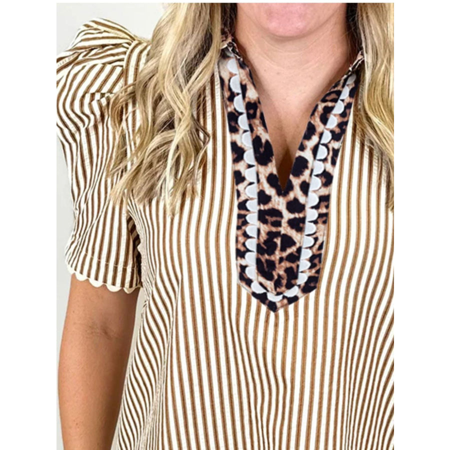 Stripe Ricrac Trim Short Puff Sleeve Leopard Patchwork Collar V Neck Blouse Apparel and Accessories