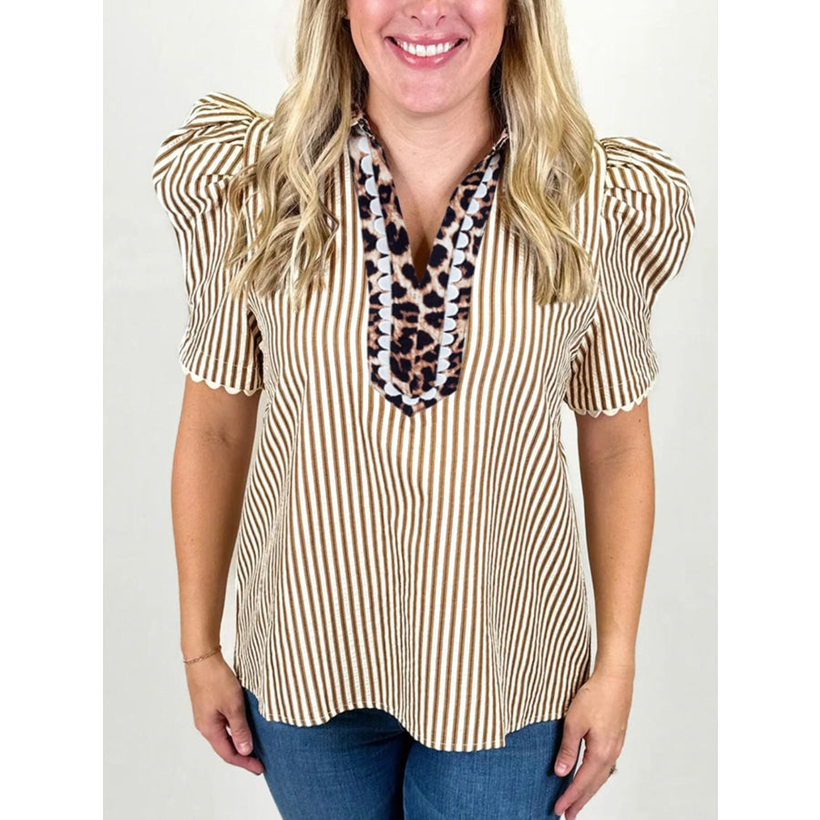 Stripe Ricrac Trim Short Puff Sleeve Leopard Patchwork Collar V Neck Blouse Khaki / S Apparel and Accessories