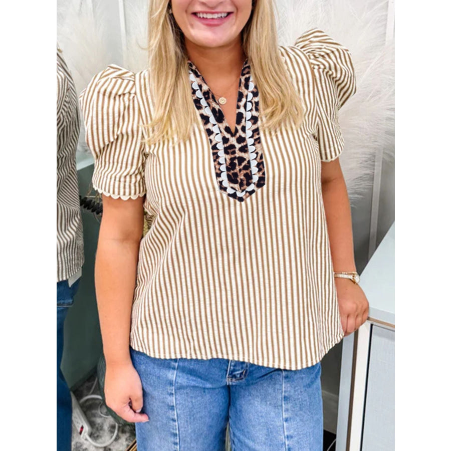 Stripe Ricrac Trim Short Puff Sleeve Leopard Patchwork Collar V Neck Blouse Khaki / S Apparel and Accessories