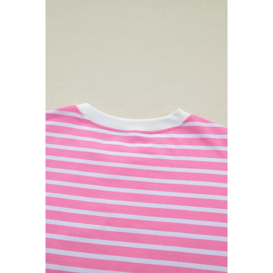 Stripe Round Neck Drop Shoulder Short Sleeve Loose Top Apparel and Accessories
