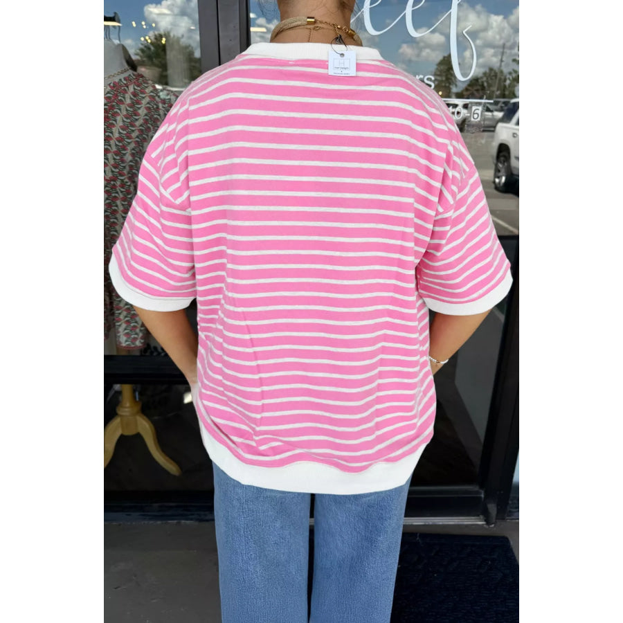 Stripe Round Neck Drop Shoulder Short Sleeve Loose Top Apparel and Accessories
