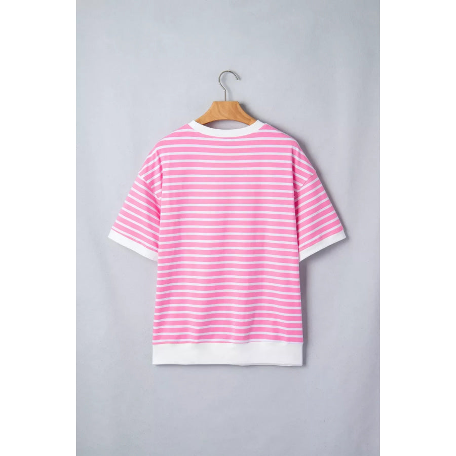 Stripe Round Neck Drop Shoulder Short Sleeve Loose Top Apparel and Accessories