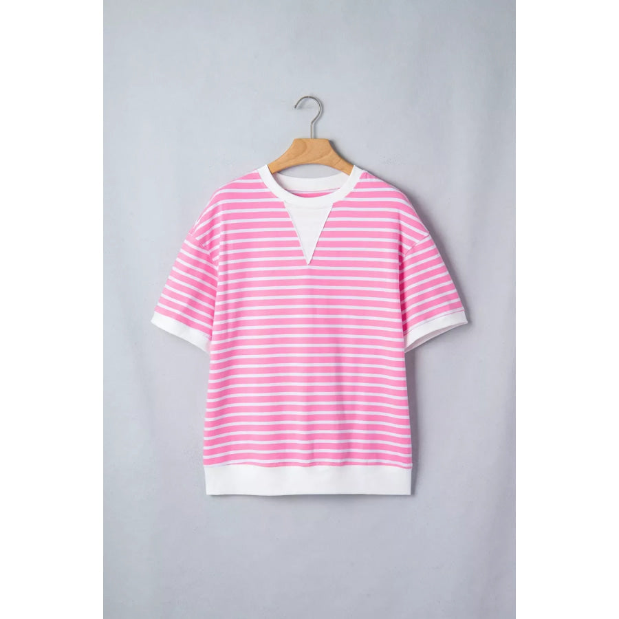 Stripe Round Neck Drop Shoulder Short Sleeve Loose Top Apparel and Accessories