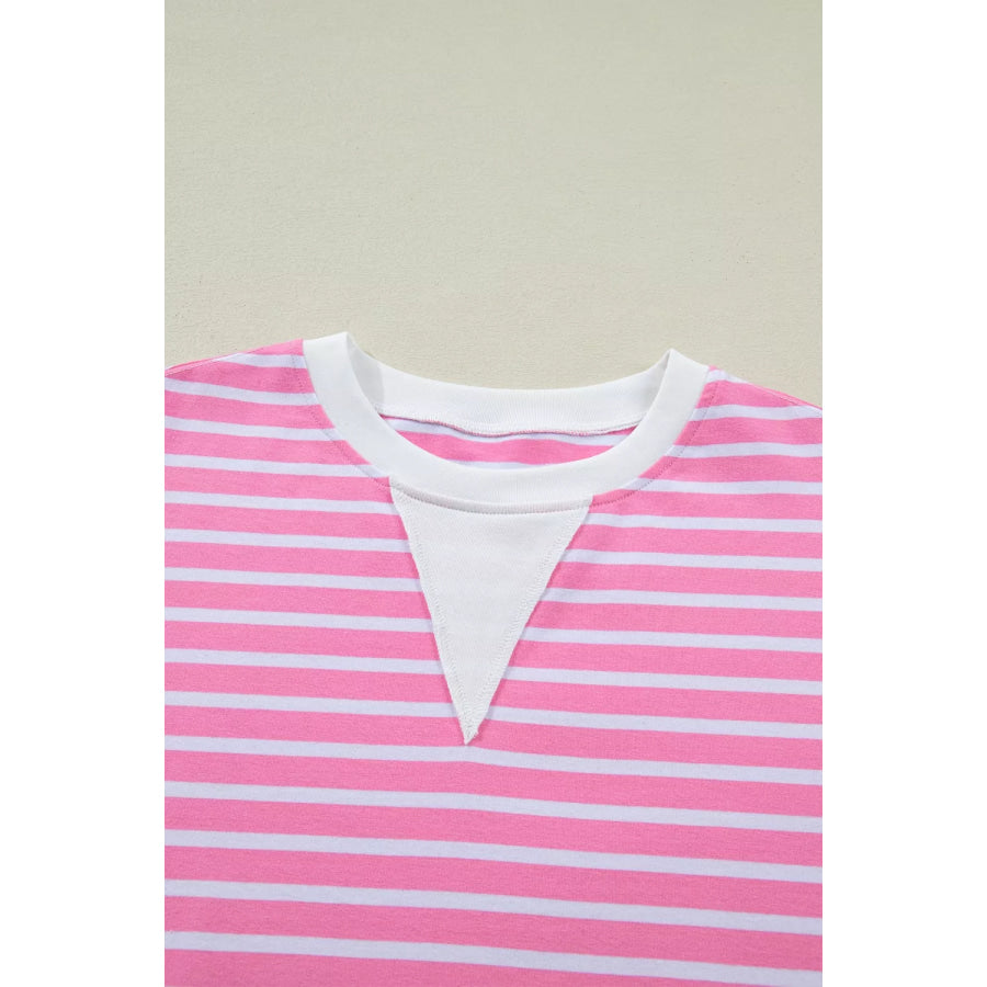 Stripe Round Neck Drop Shoulder Short Sleeve Loose Top Apparel and Accessories