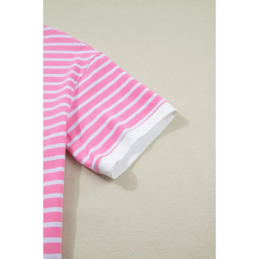 Stripe Round Neck Drop Shoulder Short Sleeve Loose Top Apparel and Accessories