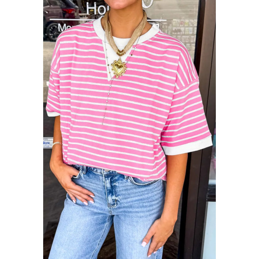 Stripe Round Neck Drop Shoulder Short Sleeve Loose Top Pink / S Apparel and Accessories