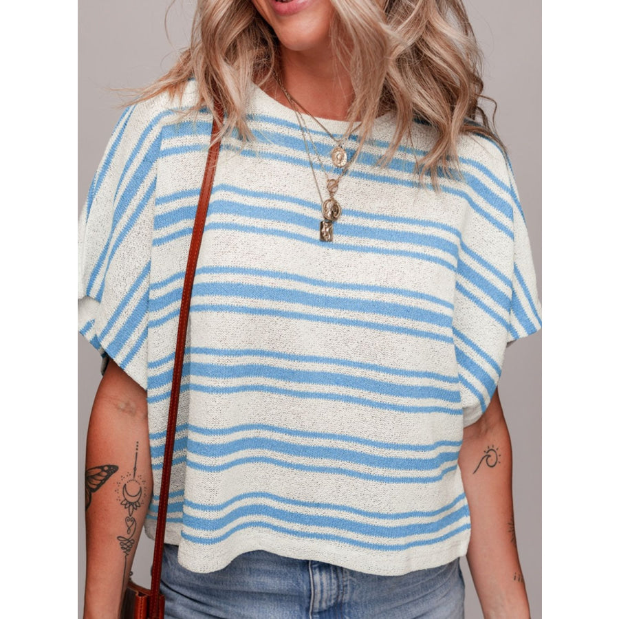 Stripe Round Neck Half Sleeve Knit Top Apparel and Accessories