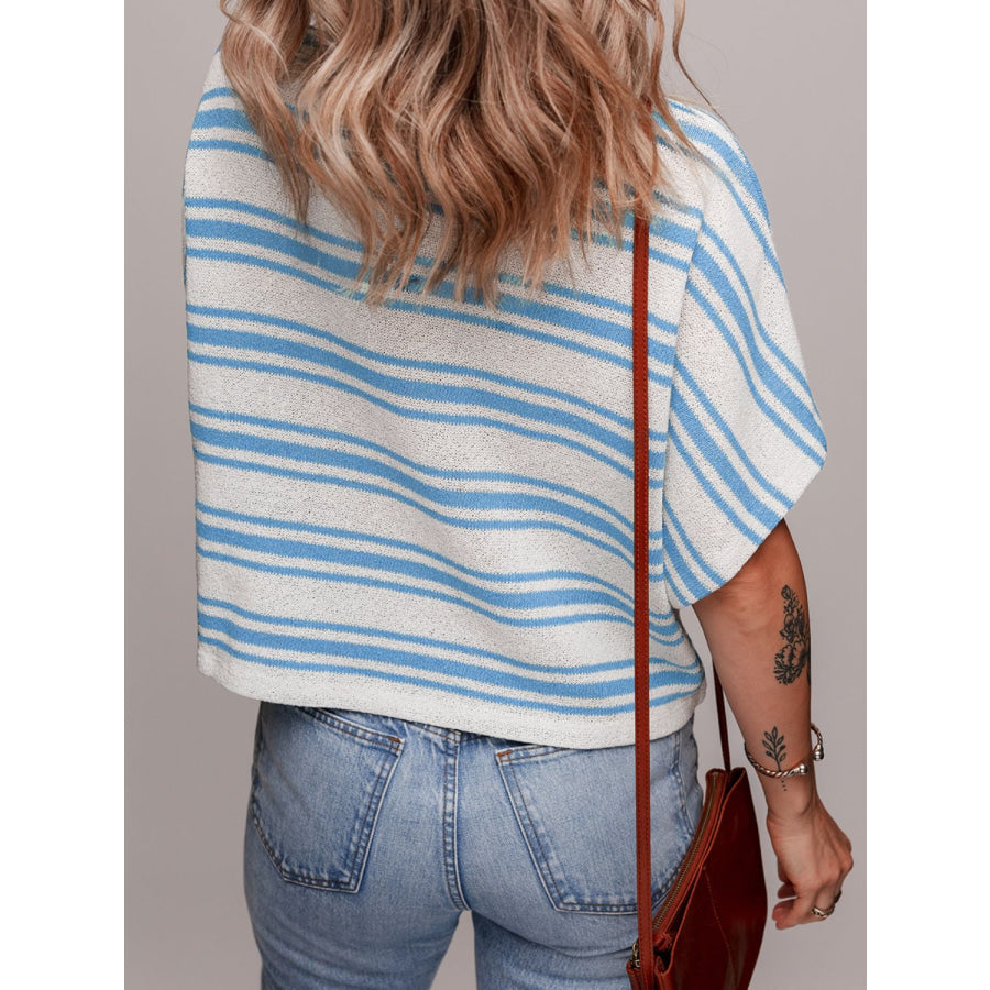 Stripe Round Neck Half Sleeve Knit Top Apparel and Accessories