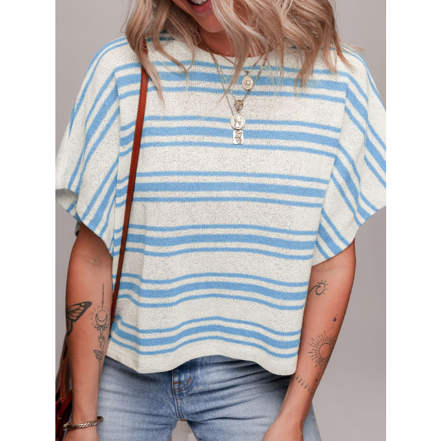 Stripe Round Neck Half Sleeve Knit Top Apparel and Accessories