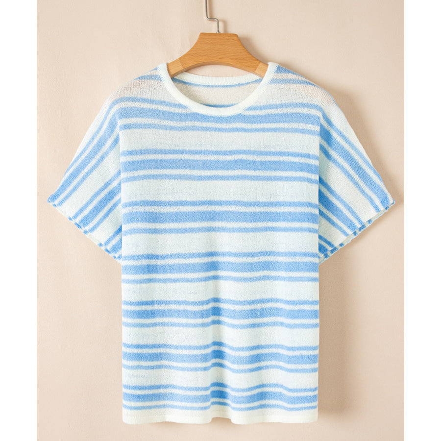 Stripe Round Neck Half Sleeve Knit Top Apparel and Accessories
