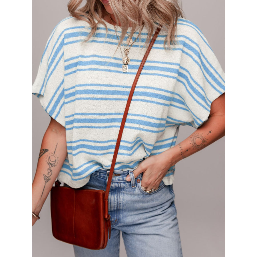 Stripe Round Neck Half Sleeve Knit Top Light Blue / S Apparel and Accessories