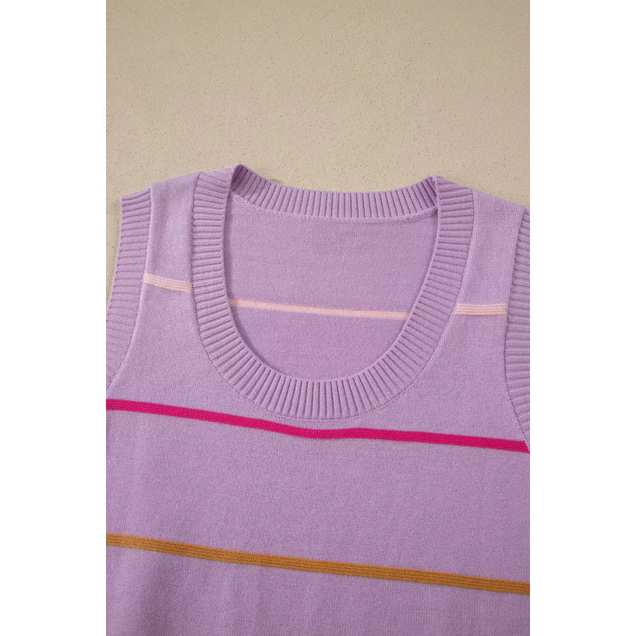 Stripe Round Neck Knitted Sweater Tank Apparel and Accessories
