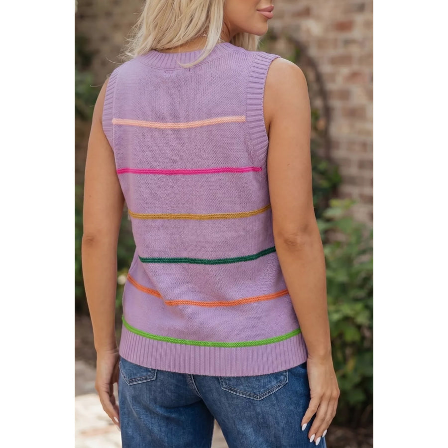 Stripe Round Neck Knitted Sweater Tank Mauve / S Apparel and Accessories