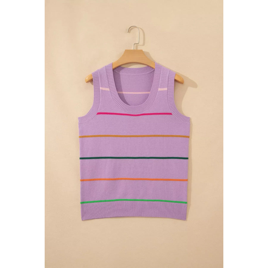 Stripe Round Neck Knitted Sweater Tank Apparel and Accessories