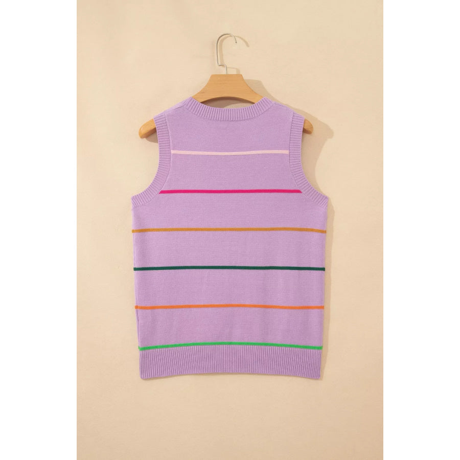 Stripe Round Neck Knitted Sweater Tank Apparel and Accessories
